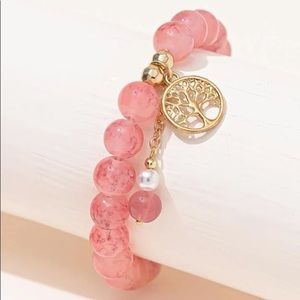 Pink Tree Charm Beaded Bracelet Stretch